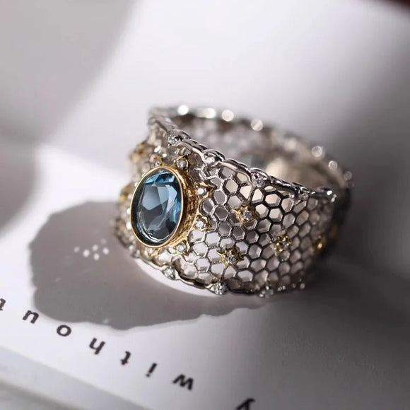 Silve Out Wide Topaz Ring for Women Gift Grace Vintage Jewelry - Gemstone Gold