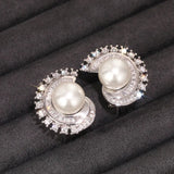 Silver Pearl Pierced Earrings Bridal Wedding Jewelry Bright Zircon for Engagement - Gemstone Gold