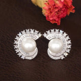 Silver Pearl Pierced Earrings Bridal Wedding Jewelry Bright Zircon for Engagement - Gemstone Gold