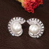 Silver Pearl Pierced Earrings Bridal Wedding Jewelry Bright Zircon for Engagement - Gemstone Gold