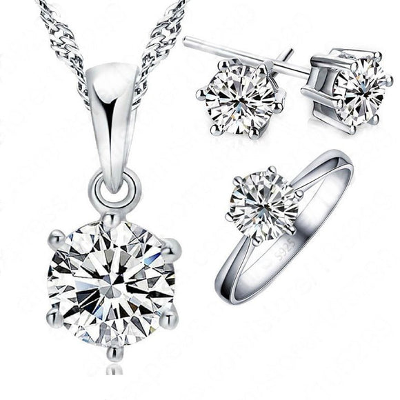 Silver Platinum Jewelry set Necklace Ring Women Wedding Jewelry - Genuine - Gemstone