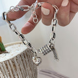 Silver Punk Bracelet Thick Chain Women Vintage Party Jewelry - Genuine - Gemstone