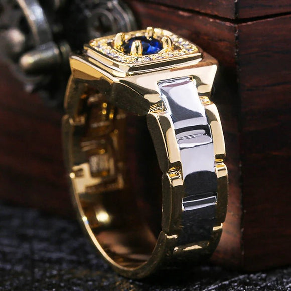 Two Tone Watch Shaped Ring For Men Wedding Male Jewelry - Gemstone Gold