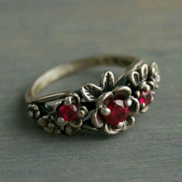 Vintage Bohemian Flower Red Ruby Ring for Women Silver Engagement Jewelry - Genuine - Gemstone