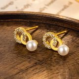 Vintage Crystal Round Stud Earrings Wedding White Zircon Jewelry - Gemstone Gold