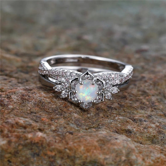 Vintage Fire Opal Flower Ring Set Engagement Wedding Jewelry For Women - Gemstone Gold