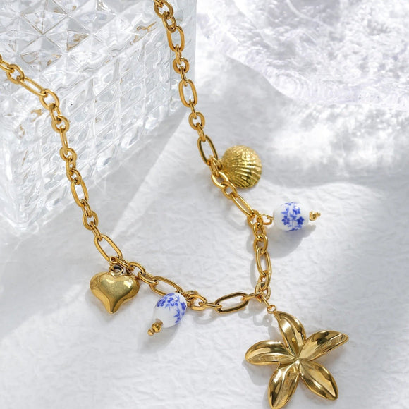 Vintage Flower Porcelain Shell Pendant Necklace Heart Blue Women Jewelry Gift - Gemstone Gold
