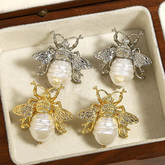 Vintage Golden Bee Pearl Drop Earrings Insect Women Jewelry - Gemstone Gold