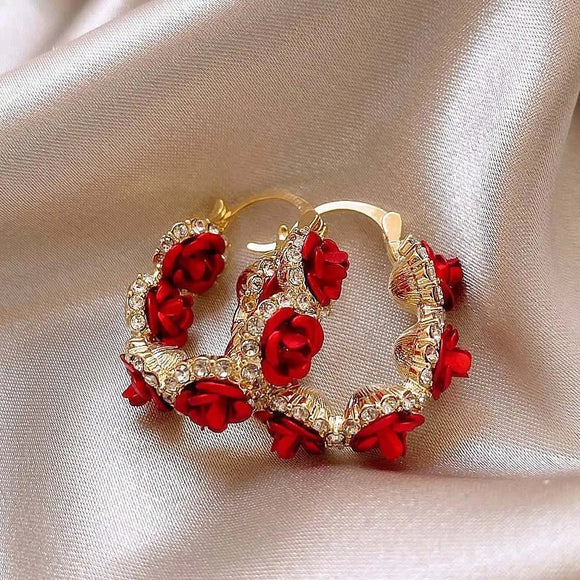 Vintage Red Rose Flower Hoop Earrings For Women Zircon Jewelry Wedding Party - Gemstone Gold