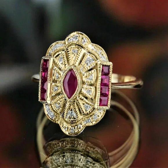 Vintage Red Ruby Gold Ring for Women Party Anniversary Jewelry - Gemstone Gold