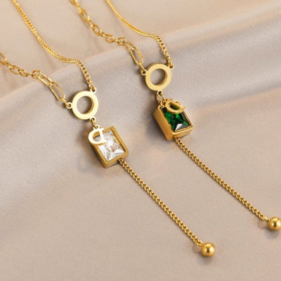 Vintage Square Emerald Pendant Necklace D Letter For Women Jewelry - Genuine - Gemstone