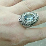 ANTIQUE SILVER GRAY GEMSTONE RING DARK OVAL STONE VINTAGE WOMENS WEDDIN JEWELRY