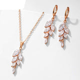 White Sapphire Leaf Hook Earrings Necklace Set for Women Bridal Jewelry