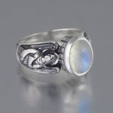 Antique Silver Guardian Angel Ring Green Moonstone for Women Jewelry