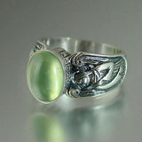 Antique Silver Guardian Angel Ring Green Moonstone for Women Jewelry