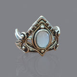 Antique Silver Guardian Angel Ring Green Moonstone for Women Jewelry