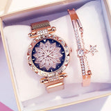 Luxury Women Rhinestone Flower Watch Bracelet Set Party Jewelry