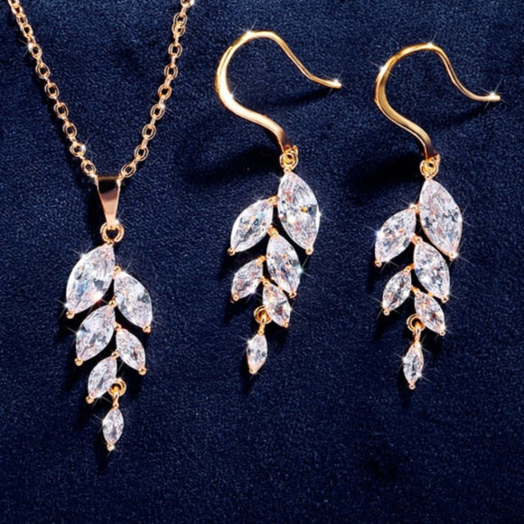 White Sapphire Leaf Hook Earrings Necklace Set for Women Bridal Jewelry