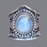 Antique Silver Guardian Angel Ring Green Moonstone for Women Jewelry