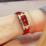 Women Diamond Watch Green Retro Leather Strap Jewelry