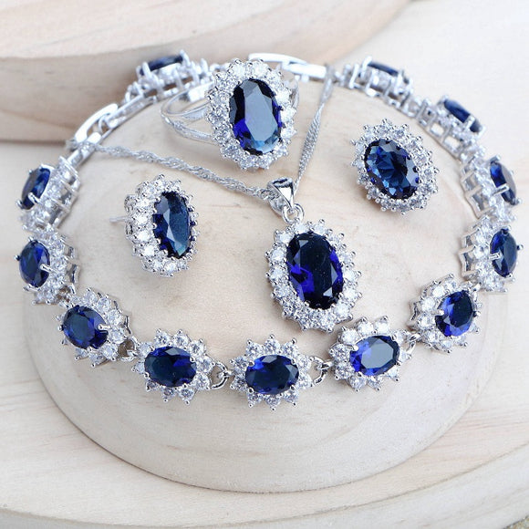 Blue Women Bridal Jewelry Sets Silver Wedding Jewelry