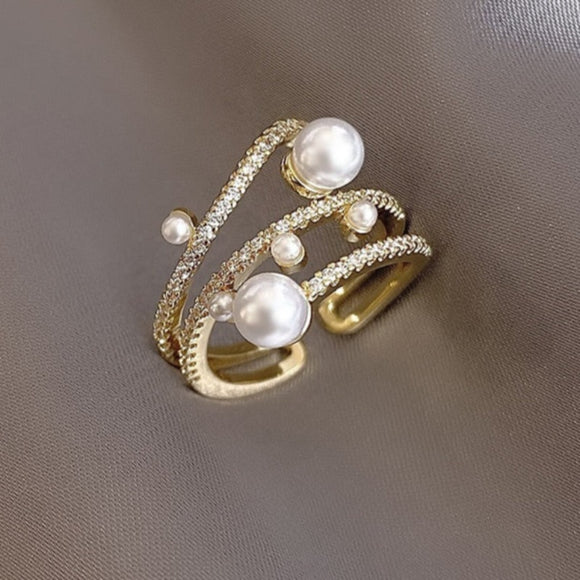 Three-Layer Pearl Gold Ring For Women Wedding Jewelry