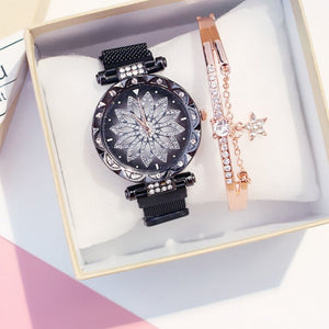 Luxury Women Rhinestone Flower Watch Bracelet Set Party Jewelry