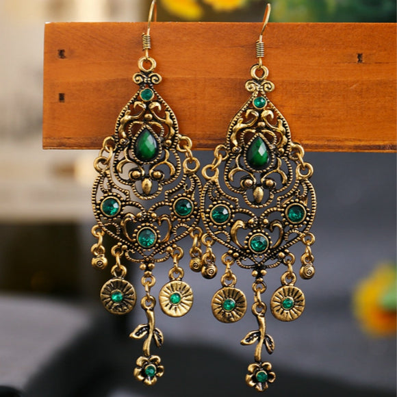 Ethnic Carved Long Earrings Women Hollow Flower Wedding Jewelry