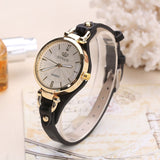 Round Dial Casual Watch Women Leather Strap Wristwatch Jewelry