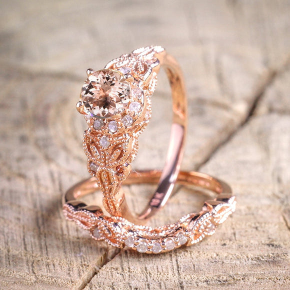 Shiny Zircon Gemstone Ring Set Women Wedding Rose Gold Jewelry