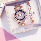 Luxury Women Rhinestone Flower Watch Bracelet Set Party Jewelry