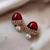 Luxury Red Opal Cherry Stud Earrings Spherical for Women Gift Jewelry