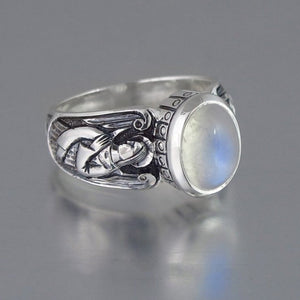 Antique Silver Guardian Angel Ring Green Moonstone for Women Jewelry