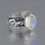 Antique Silver Guardian Angel Ring Green Moonstone for Women Jewelry