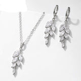 White Sapphire Leaf Hook Earrings Necklace Set for Women Bridal Jewelry