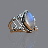 Antique Silver Guardian Angel Ring Green Moonstone for Women Jewelry