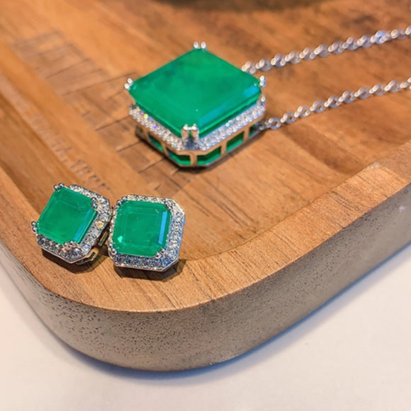 Square Emerald Gemstone Jewelry Sets for Women Jewelry