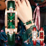 Women Diamond Watch Green Retro Leather Strap Jewelry