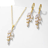 White Sapphire Leaf Hook Earrings Necklace Set for Women Bridal Jewelry