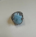 Vintage Natural larimar ring blue gemstone 925 silver Women's fine jewelry