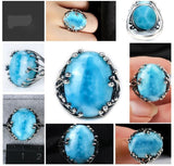 Vintage Natural larimar ring blue gemstone 925 silver Women's fine jewelry