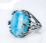 Vintage Natural larimar ring blue gemstone 925 silver Women's fine jewelry