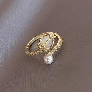 Tulip Flower Pearl Ring For Women Wedding Jewelry Gift