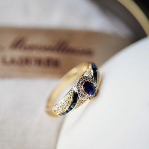 Luxury Blue Sapphire Ring Women Gold Anniversary Party Jewelry