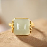 Genuine Hetian Jade Temperament Ring Retro Gold Anniverssary Jewelry