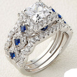 Round Cut Blue Sapphire Ring Set Women Wedding Jewelry