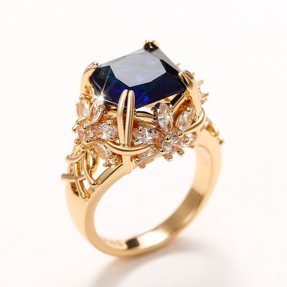 Square Blue Sapphire Ring Gold Women Wedding Vintage Jewelry