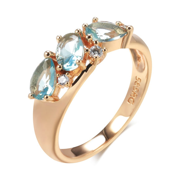 Natural Blue Aquamarine Bride Ring Women 585 Rose Gold Wedding Jewelry