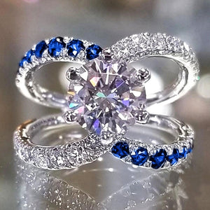 Luxury Blue Half White Sapphire Ring Women Wedding Jewelry