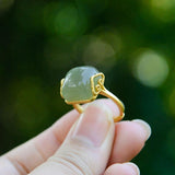 Genuine Hetian Jade Temperament Ring Retro Gold Anniverssary Jewelry